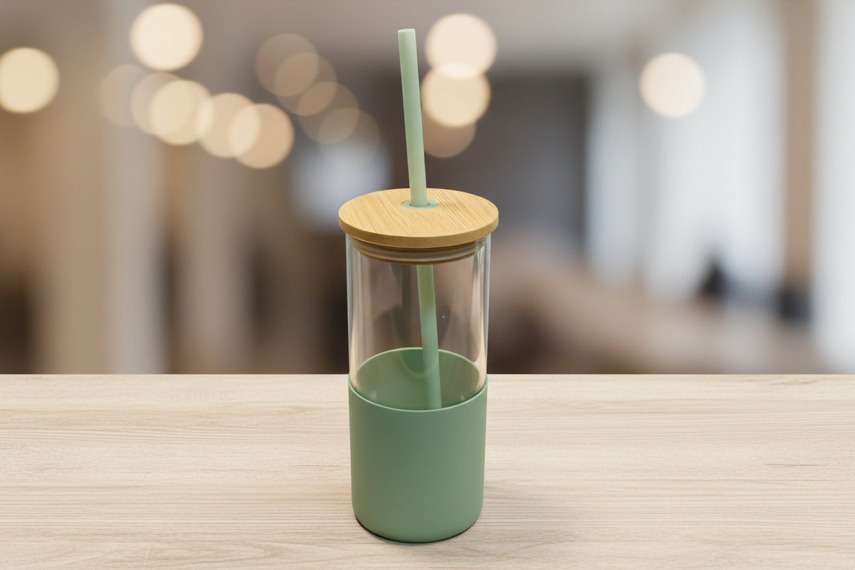 Glasbecher mit Silionhülle und Strohhalm